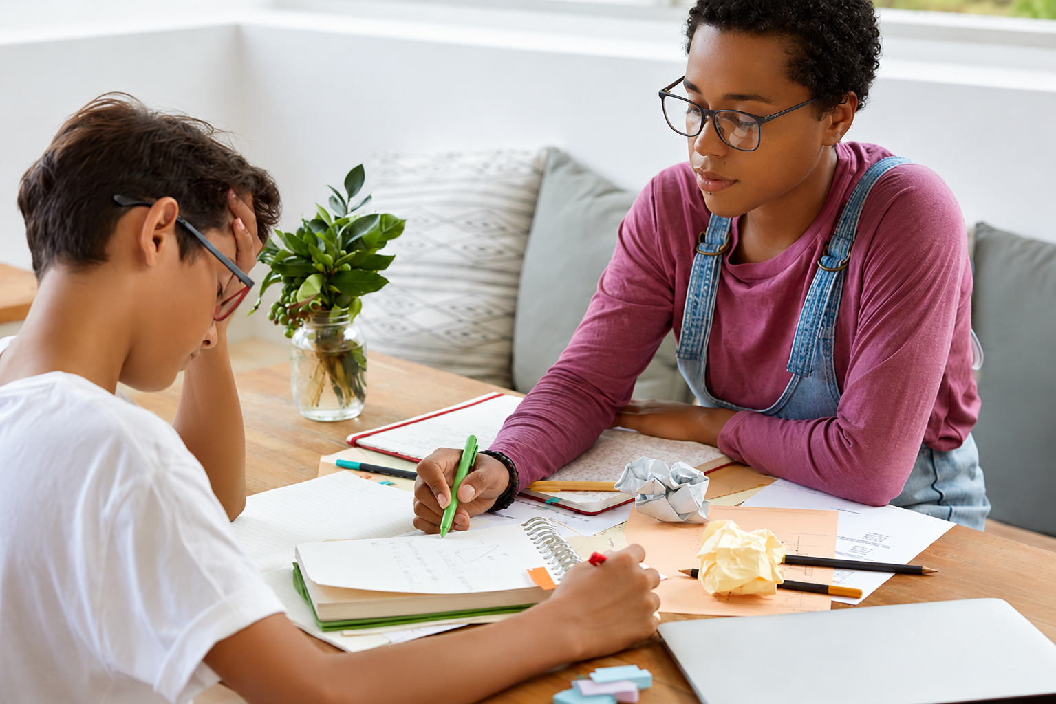 Professeur accompagnant un élève en mathématiques